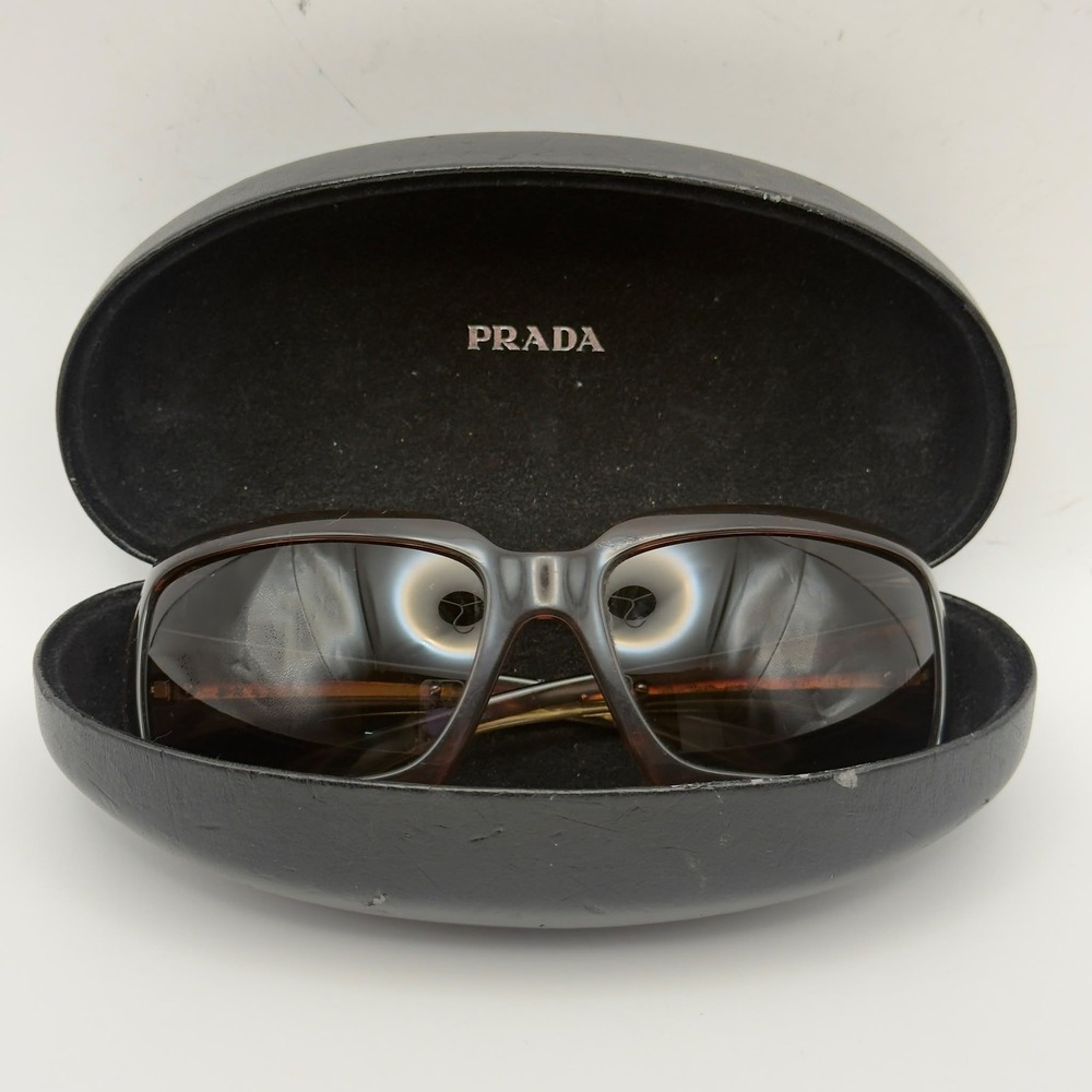 Prada Sunglasses Womens Brown Tortoise Gold Tone Logo Rectangular With Case